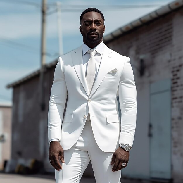 a man in a white suit stands in front of a building.