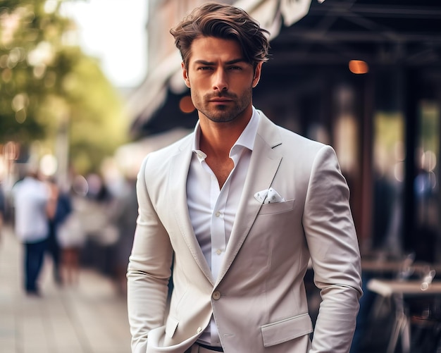 A man in a white suit stands on the street in front of a store.