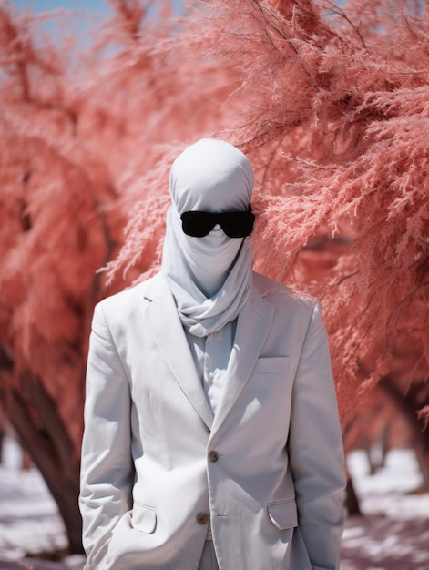 a man in a white suit and sunglasses stands in front of pink trees