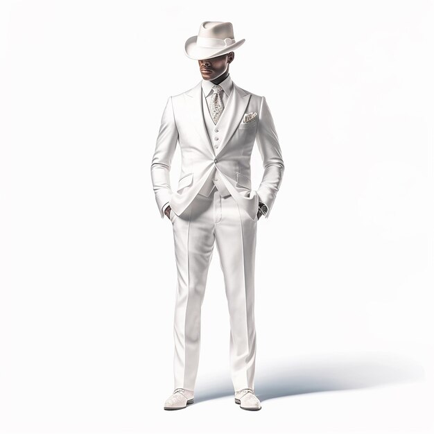 a man in a white suit with a white hat on his head.