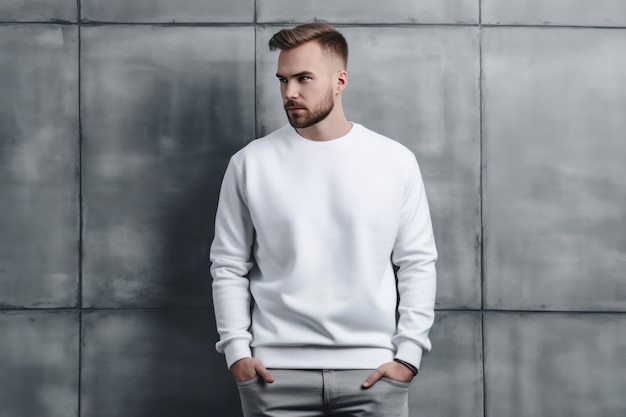 흰 스웨터를 입은 남자가 회색 벽 앞에 서 있습니다.