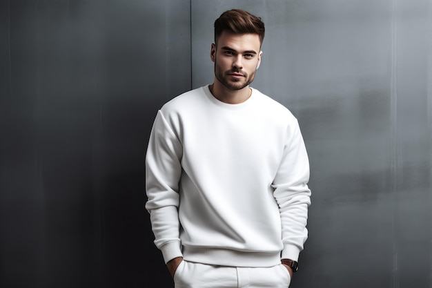 A man in a white sweater stands in front of a grey wall.