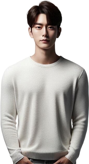 a man in a white sweater with a white shirt on the front