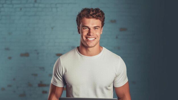 A man in a white sweatshirt on a blue background Generative AI