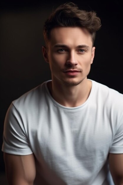 A man in a white t - shirt is posing for a photo.