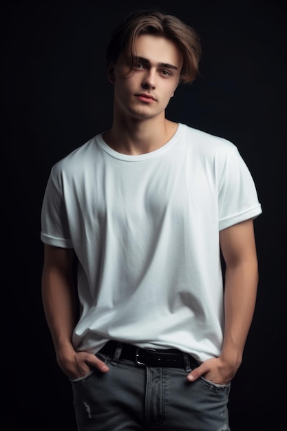 A man in a white t - shirt and jeans stands in a black background.