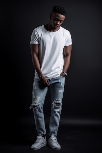 A man in a white t - shirt and jeans stands in a black room.