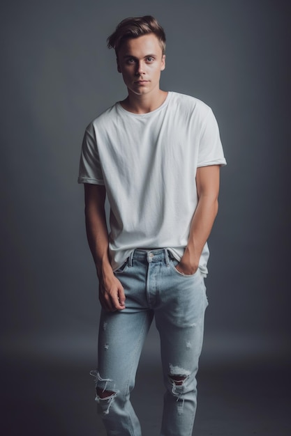 A man in a white t - shirt and jeans stands in front of a grey wall.