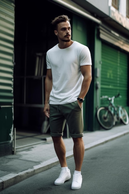A man in a white t - shirt and shorts is wearing a white t - shirt and black shorts.