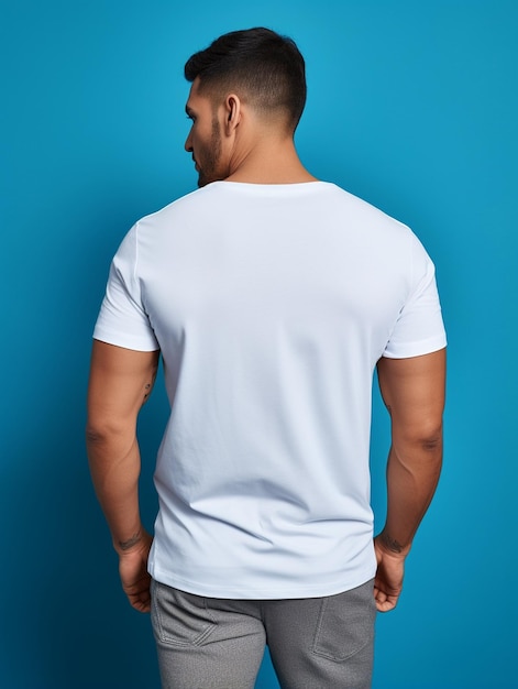 a man in a white t - shirt stands against a blue background.