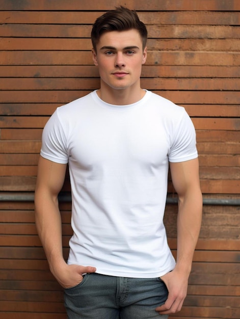 a man in a white t - shirt stands against a wooden wall.