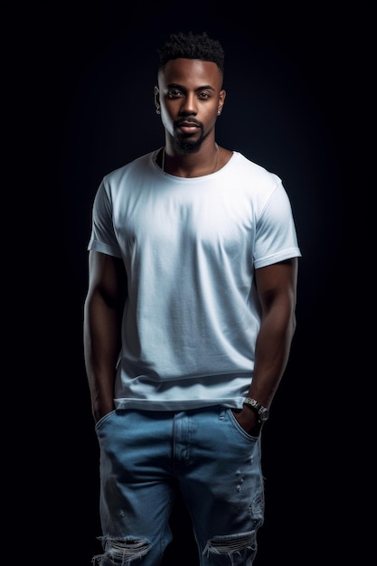 A man in a white t - shirt stands in a black background.