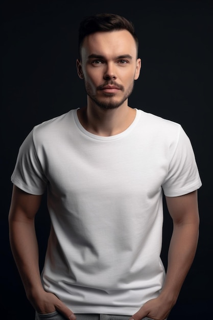 A man in a white t - shirt stands in a black background.