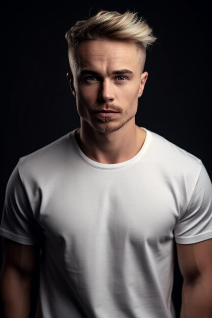 A man in a white t - shirt stands in front of a black background