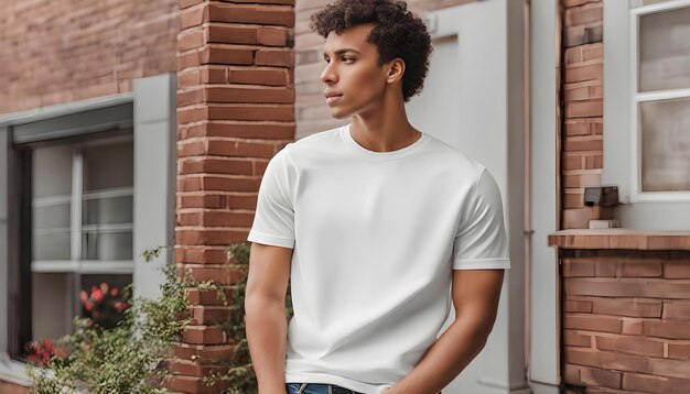 a man in a white t shirt stands in front of a brick wall