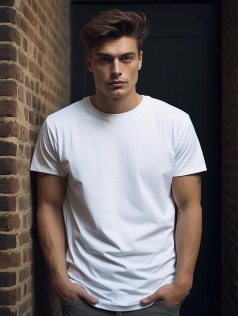 a man in a white t - shirt stands in front of a brick wall.