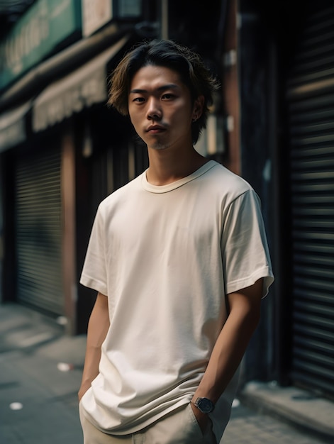 A man in a white t - shirt stands in front of a building.