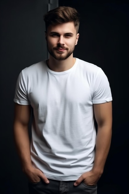 A man in a white t - shirt stands in front of a dark background.