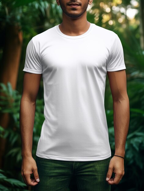 a man in a white t - shirt stands in front of a forest background.