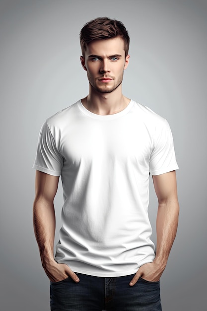 A man in a white t - shirt stands in front of a gray background.