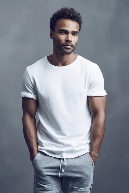 A man in a white t - shirt stands in front of a grey background.