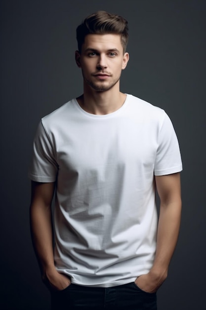 A man in a white t - shirt stands in front of a grey background.