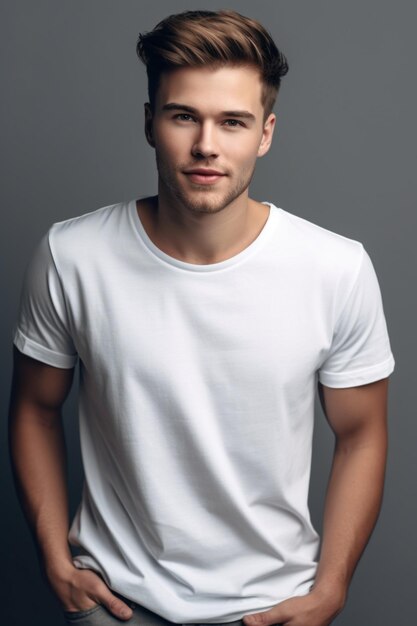 A man in a white t - shirt stands in front of a grey wall.