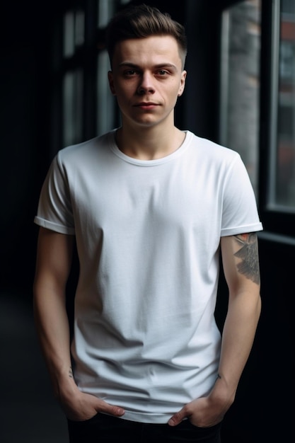 A man in a white t - shirt stands in front of a window.