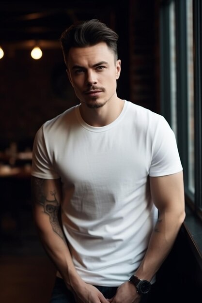 A man in a white t - shirt stands in front of a window