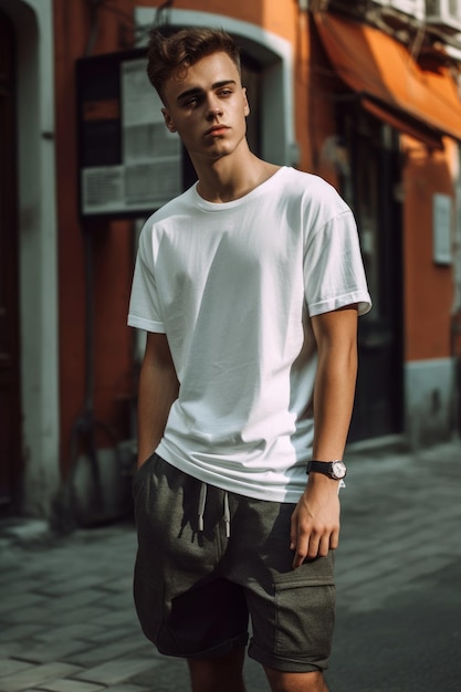 A man in a white t - shirt stands on a street in front of an orange building.