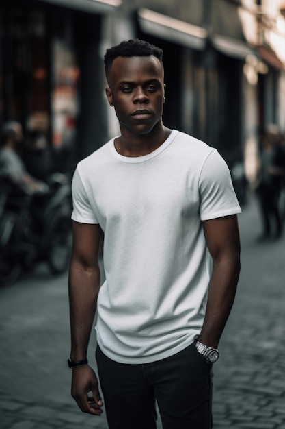 A man in a white t - shirt stands on a street in london.