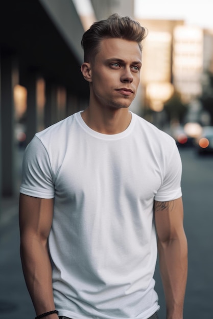 A man in a white t - shirt stands on a street