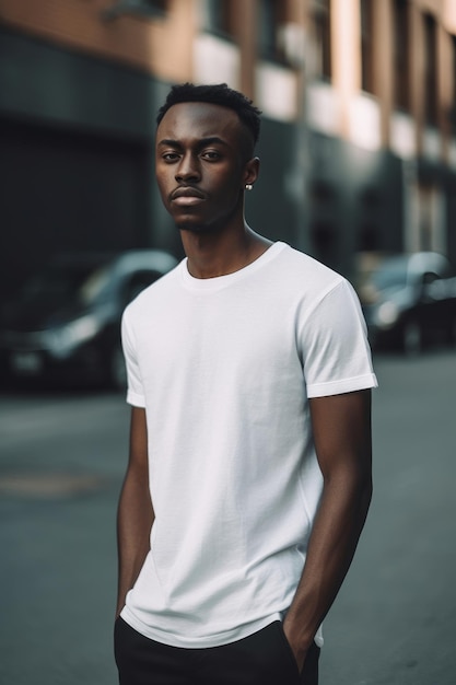 A man in a white t - shirt stands in the street