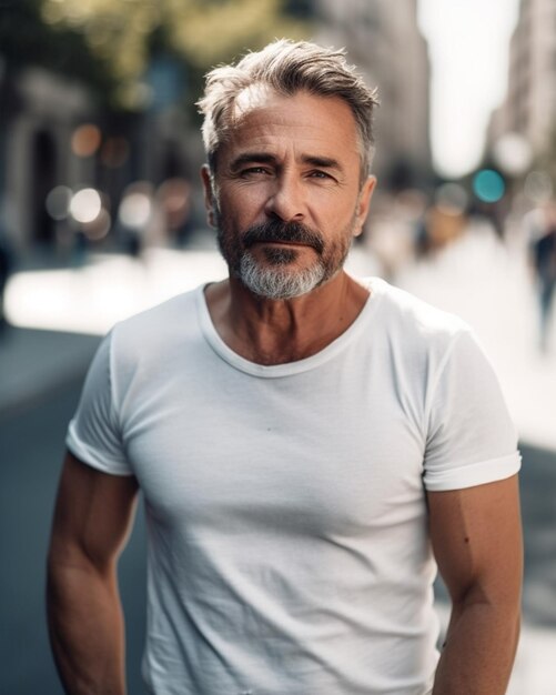 Foto un uomo con una maglietta bianca si trova in strada.