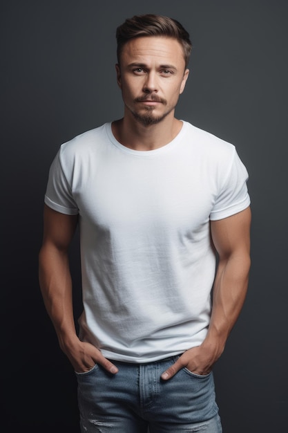 A man in a white t - shirt stands in a studio