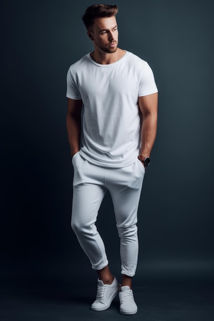 A man in a white t - shirt and white pants stands in a dark room