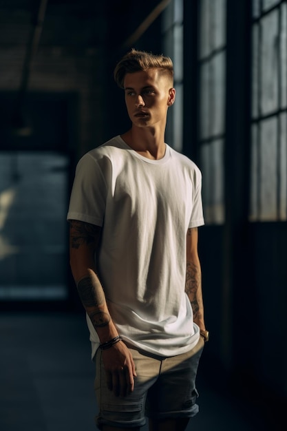 A man in a white t shirt and white tights stands in front of a dark background