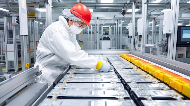 A man in a white uniform and a red helmet stands in a factory.