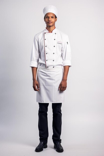 a man in a white uniform stands in front of a white background