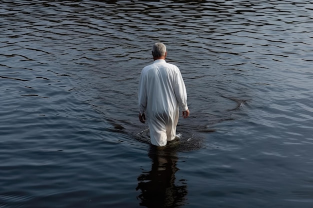 Man In White Walks With His Back To The Surface Of The Water Baptism Generative AI