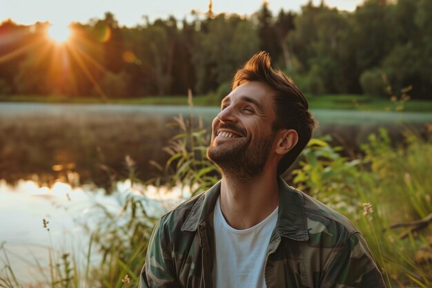 Foto l'uomo che trasuda felicità e un senso di sentirsi veramente vivo in un bellissimo parco naturale vicino a la