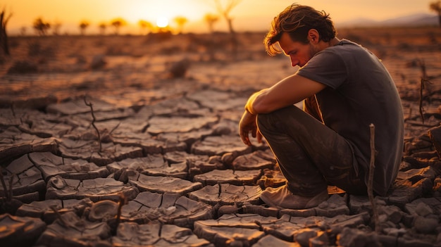 man who looks thirsty are sitting in despair because of the drought a world without water