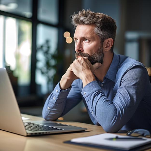 Photo a man who sitting behind of computer and think