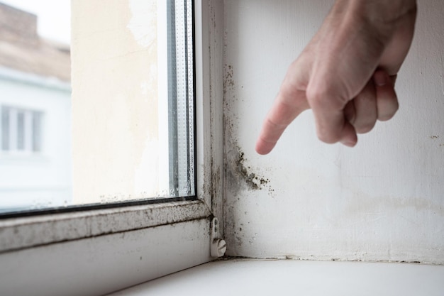 Man wijst met zijn vinger naar schimmel in de hoek van het raam