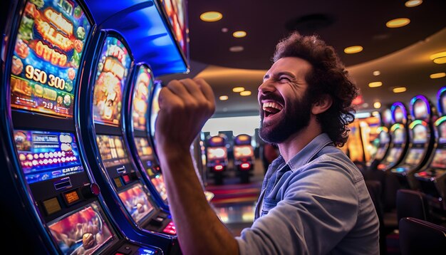 Photo man win gambling on slot machine in casino