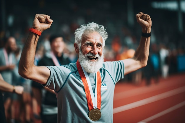 Foto uomo che vince la medaglia di campione nello stadio per la vittoria sportiva