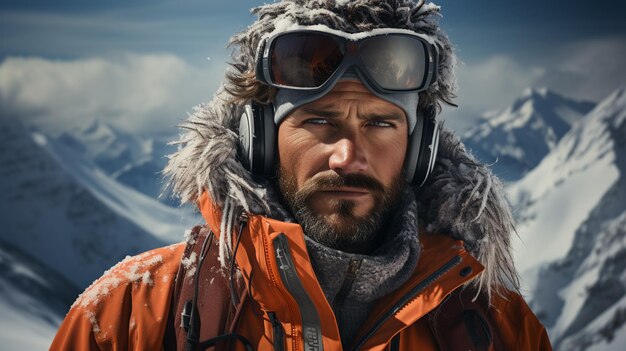 Man in winter clothes in the mountain background