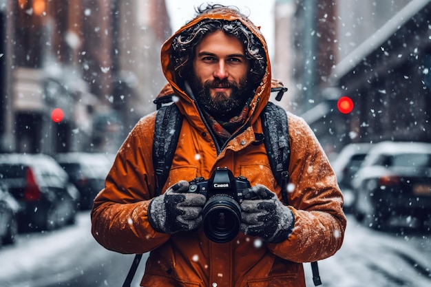 A man in a winter coat holds a camera in the snow.