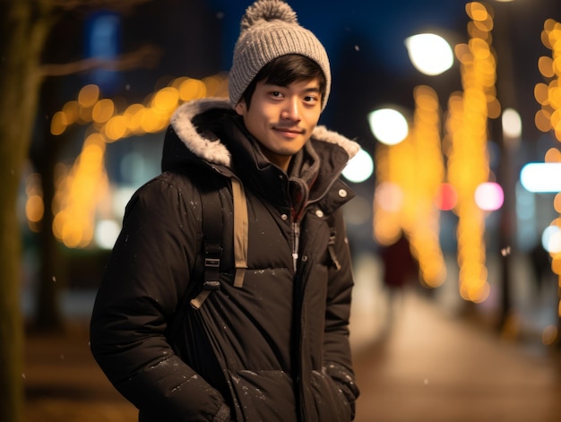 a man in a winter coat standing on a street at night