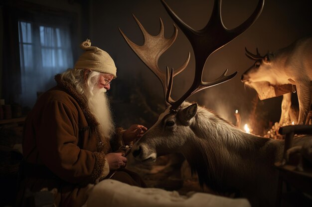 A man in a winter hat sits next to a reindeer in front of a fireplace.